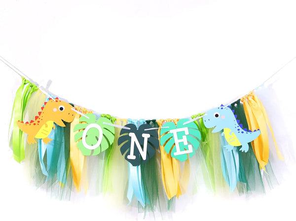 YOUAME Dinosaurs One Birthday High Chair Banner Dinosaurs TuTu First Bday Party Decorations,