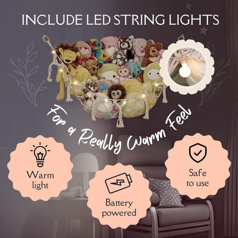 Stuffed Animal Storage Macrame Hammock w/String Lights for Flat Walls - Large, 2 Pack - Boho Decor
