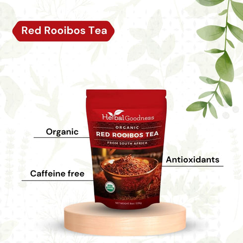 Rooibos Tea Organic - Caffeine Free, Rich in Antioxidants, Herbal Tea Bags, USDA Organic, 8oz Pouch