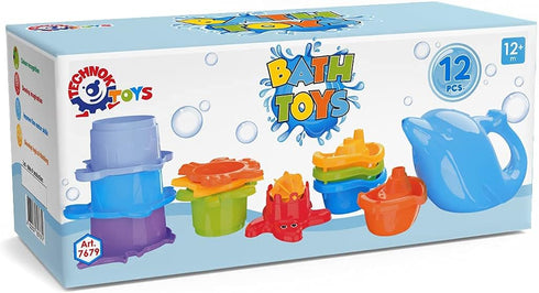 TECHNOK Baby Bath Toys for Toddlers, 12 pcs Rainbow Stacking Cups, Bath Boats, Train, Watering Can, Sea Animal Shapes
