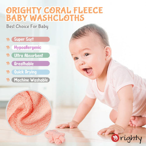 12 Pack, 7x9 Inch Orighty Baby Washcloths Microfiber Coral Fleece Baby Face Towels, Soft and Absorbent Wash Cloths