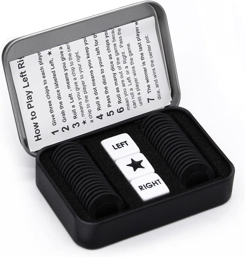 Left Right Center Dice Game Set with 3 Dices + 36 Black Chips for Family Game Night