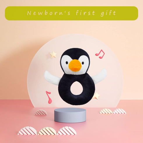 Baby Penguin Soft Rattle Toy - Plush Infant Shaker, Easy-Grasp Stuffed Animal for Newborns, Black & White, 5"