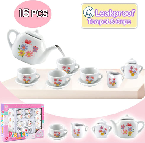 16 Set Playset Piece Rose Flower Miniature Porcelain Ceramic Tea | Kids Toy Mini Pretend Play Kitchen Decorated | Small