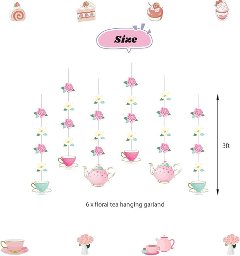 JOPARY Tea Party Decorations with LET'S PAR TEA Aluminum Foil Balloons, Floral Hanging Decorations for Party Decor