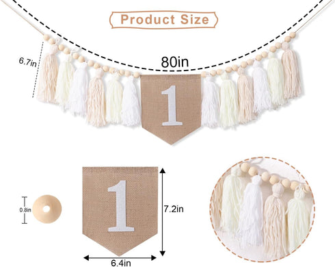 1st Birthday High Chair Banner - White Tassel Theme Banner For Girl - First Birthday Party Banner - White Fringe Wood