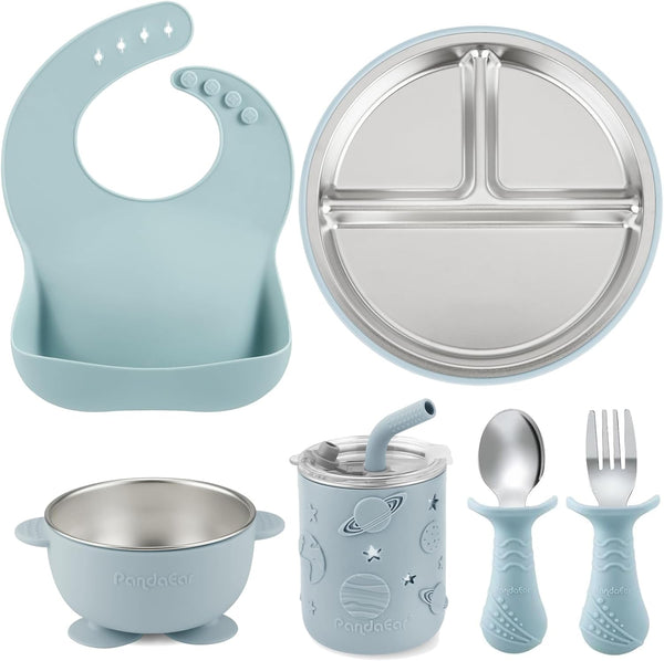 PandaEar 6-in-1 Stainless Steel Baby Feeding Set | Divided Suction Plate, Bowl,
