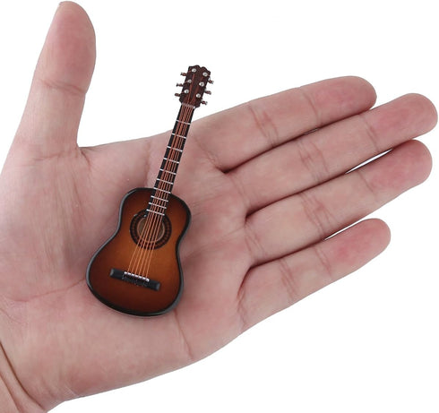 Dselvgvu Wooden Miniature Guitar with Stand, Brown Model for Dollhouse Decoration, 3.93"x1.42"x0.56"