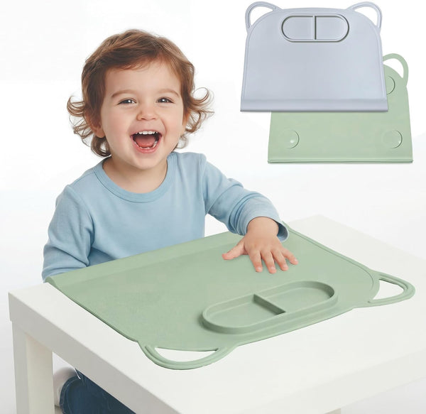 Domensi 2 Pack Silicone Suction Placemat with Teething Edge Bumper/Spill for Baby