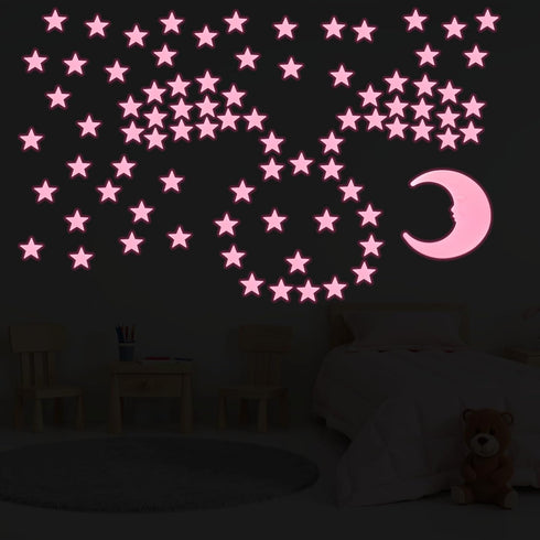 Tweruna 100 1 3D Stars & Moon Glow in The Dark Stars for Ceiling, Pink Glowing Wall Stickers with Adhesive Pads