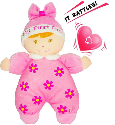 June Garden 9" My First Doll Sienna, Soft Plush Baby Doll with Rattle, Pink Outfit