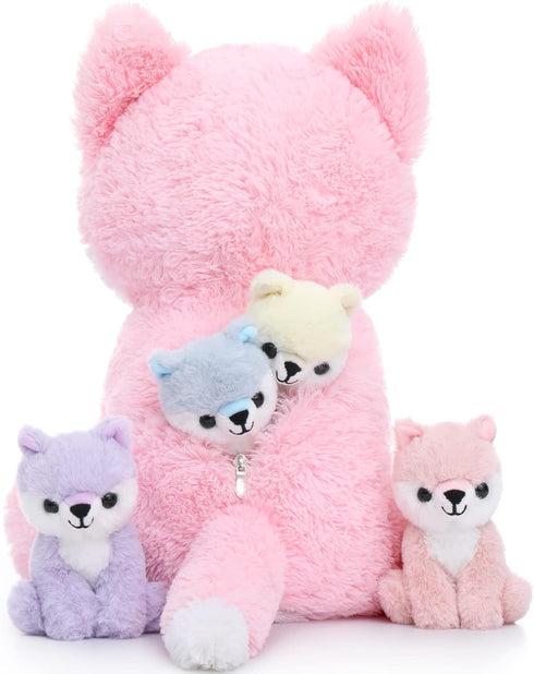 Muiteiur 5-Piece Mommy & Baby Fox Plush Set, Soft Stuffed Animals for Kids, 20-inch Pink Gift for Birthdays