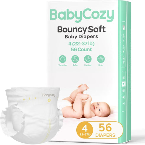 Baby Diapers Portable Pack Size 4(22~37lb), 56 Count Babycozy Bouncy Soft Diapers