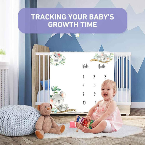 Baby Monthly Milestone Blanket, Koalas Trunk Branch Leaf Wreath, 48"x40", Unisex with 4 Frames and 1 Headband