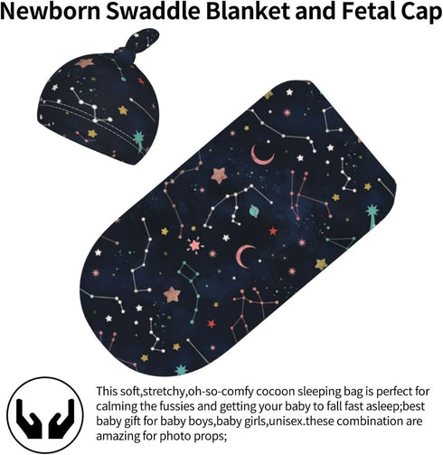 Space Galaxy Constellation Swaddle with Beanie Set, Soft and Stretchy Space Baby Stuff Blanket Swaddle Sleep Sack for Newborn Boy and Girl