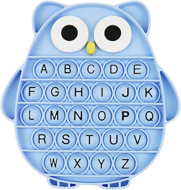 Push Pop Bubble Fidget Sensory Toy, ABC Alphabet Owl Shaped Educational Learning Tool for Kids (Black letters-blue)