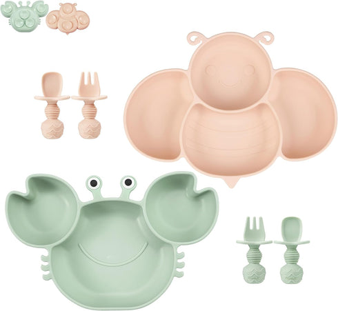 PandaEar 2 Pack Silicone Suction Plates for Toddlers with 4 Spoons, Unbreakable Baby Plates and Utensils Set, Green