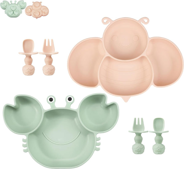 PandaEar 2 Pack Silicone Suction Plates for Toddlers with 4 Spoons, Unbreakable Baby Plates and Utensils Set, Green