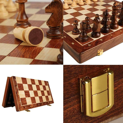 Dan&Dre 15 Folding Wooden Chess & Checkers Set (2 in 1), Portable Travel Chess Board Gift
