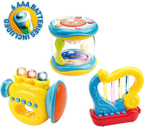 WEofferwhatYOUwant Set of 3 Music Toys - Trumpet, Drum, and Harp with Batteries for Baby Learning