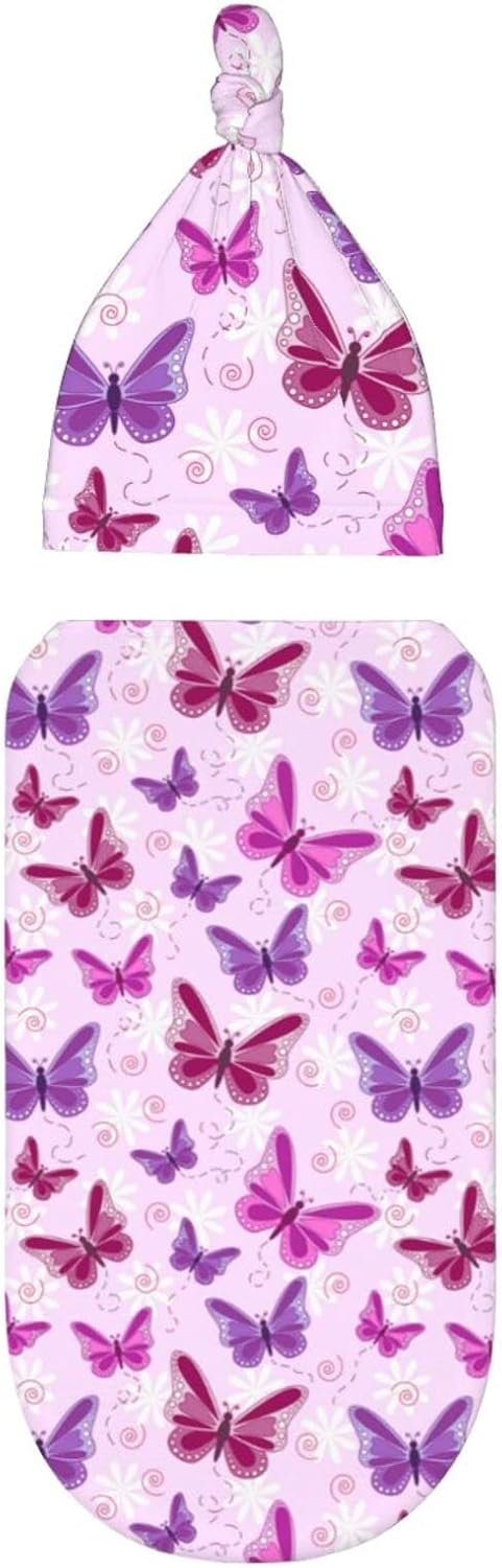 Lcokin Sets Butterfly Baby Stuff Swaddle Blanket Newborn Baby Swaddling Blanket Sleep Sack with Beanie Hat for Boys