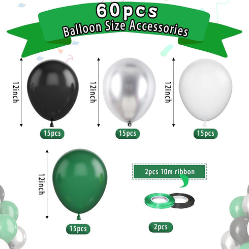 Paready Green Black Balloons - 60 Pcs 12 Inch Dark Green Metallic Silver Balloons for Party Decorations