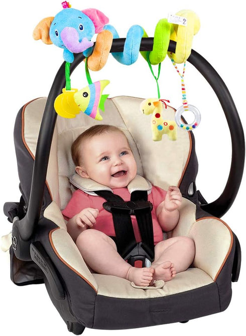 Caterbee Baby Car Seat Toys, Hanging Activity spiral plush stroller toys with rattle for boy or girl (Elephant)