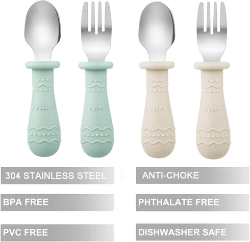 PandaEar Baby Feeding Set, 2 Pack Silicone Divided Suction Plates, 2 Set Toddler Spoons & Forks for Self Feeding