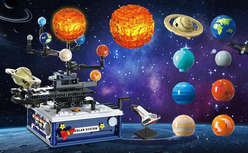 Solar System Building Sets with Light, Rotatable Space Exploration Toys with 9 Planets & Rocket Sets for Kids Age 6+