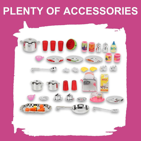 Doll Kitchen Playset for Kids - My Modern Mini Kitchen House Furniture Toy Accessories Set with Realistic Lights &
