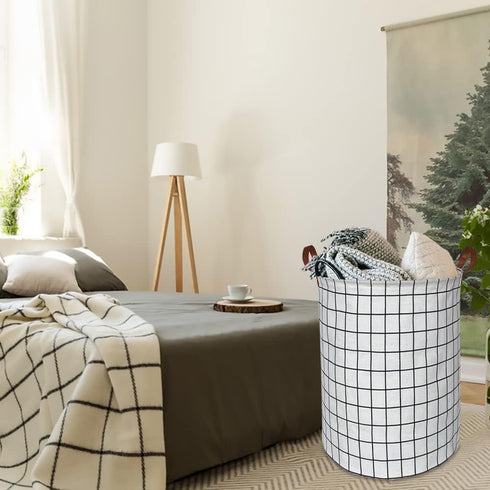 CLOCOR Collapsible Round Laundry Hamper - Large Storage Basket for Boys and Girls - White Check