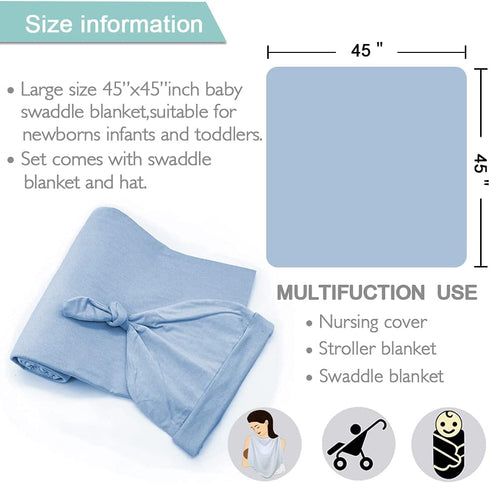 OWLOWLA Swaddle Blanket and Hat Set, Newborn Swaddle Wrap, Baby Receiving Blanket for Boys Girls, Baby Blue