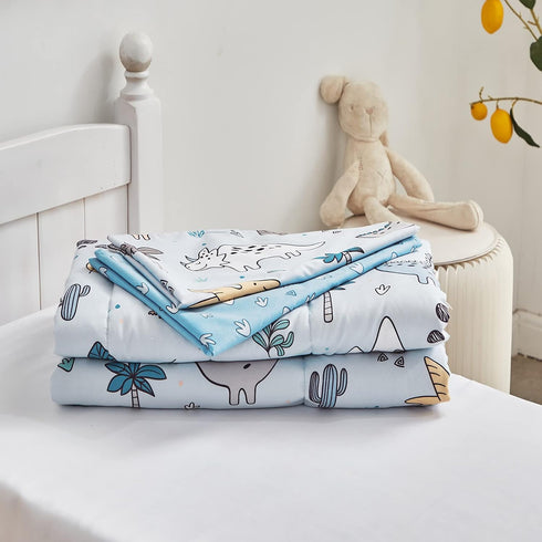Joyreap 4 Set, Piece Toddler Bedding Cute Dinosaur on Light Blue, Ultra Soft Microfiber Toddler Comforter for Kids Boys