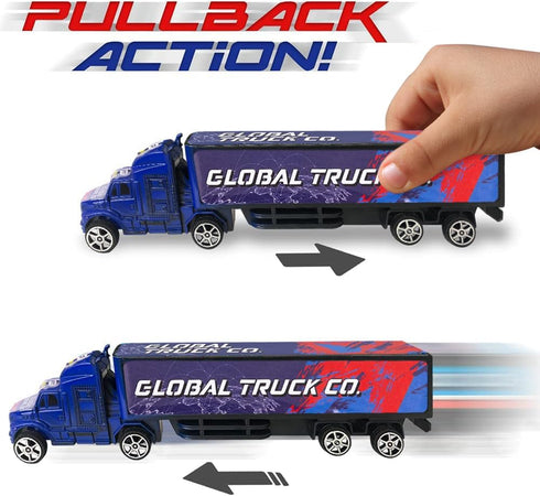 Set 2, ArtCreativity Semi Truck Toys for Boys, of Pull Back Truck Toys for Kids in Red & Blue, Trailer Trucks for Hours