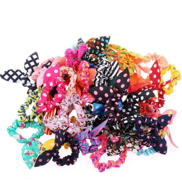 AKOAK 20 Pcs Baby Girl's Rabbit Ear Hair Tie Bands, Polka Dot Leopard Trip Ponytail Holder