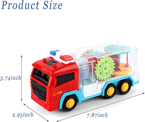 Light Up Sensory Car Toy for Kids, Transparent Gear Fire Truck with Colorful Moving Gears, Music and Lights