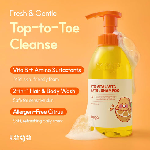 300 ml TAGA ATO Vital Vita Kids Bath & Shampoo | Vegan Hypoallergenic All-in-One Bath & Hair Cleanser with Ceramide