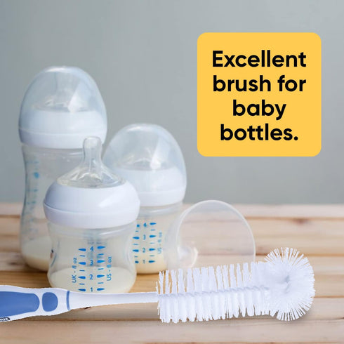 Superio Long Bottle Brush Scrubber, Blue and White Baby Bottle Brush with Rubber Grip Handle