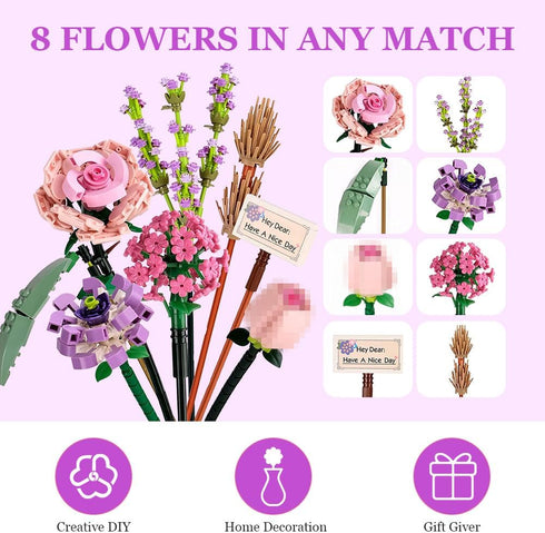 OSDUE Sets, 547 Mini Bricks Flower Bouquet Building Artificial Flowers, DIY Unique Decoration Home, Pieces Botanical