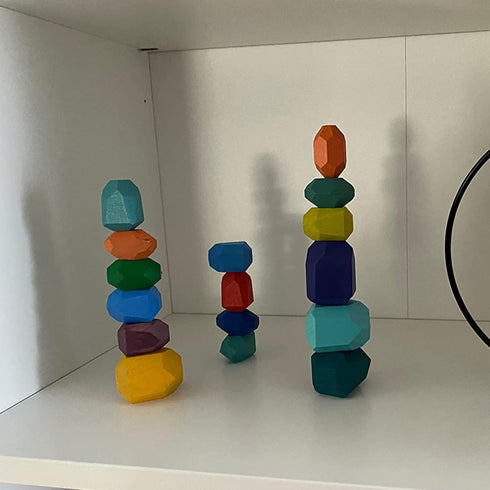 16 Pcs Colored Wooden Stacking Blocks, Solid Wood Rocks Building Toys for Kids Toddlers Educational Games