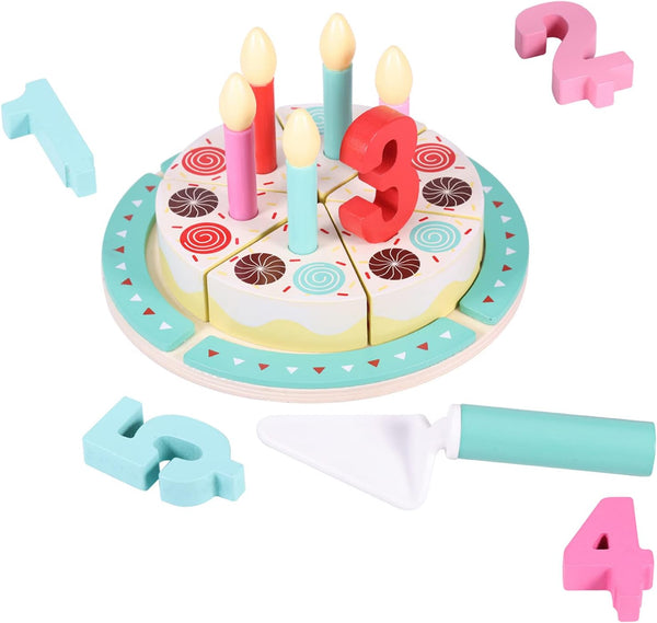 Birthday Cake Cutting Toys, Wooden Play Food Set for Kids Toddlers, Pretend