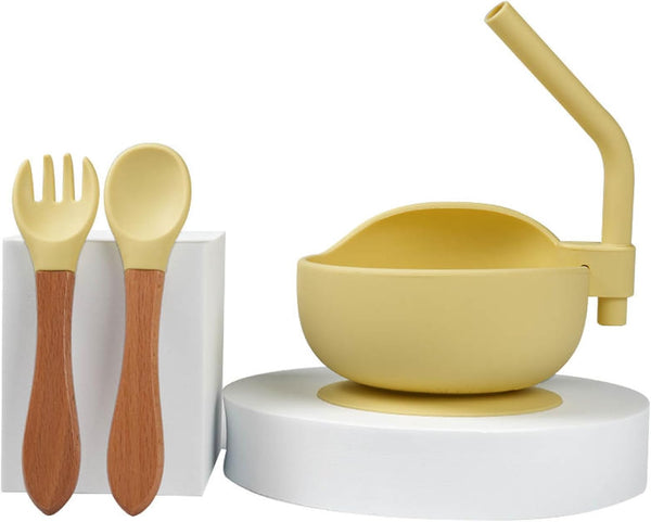 Toddler Suction Bowl Set with Spoon and Spork - Food Grade Silicone Gift for Early Eating Stages (YELLOW)