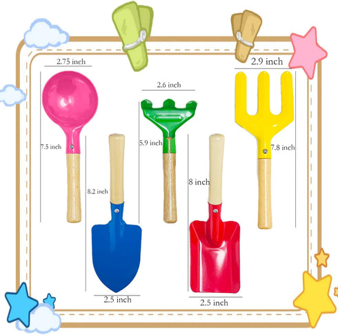 Kids Gardening Tools Set, 5PCS Metal Gardening Tools with Wooden Handle, Safe Beach Sandbox Toy