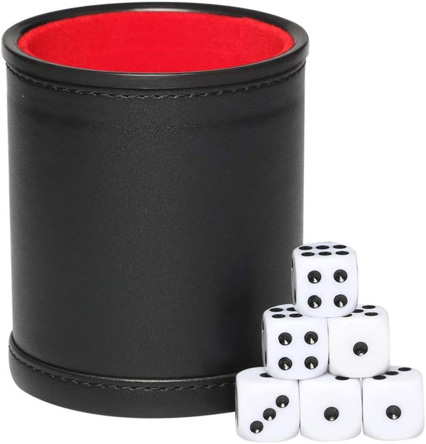 PU Leather Dice Cup Set with Felt Lining, 16mm Dot Dices for Yahtzee/Farkle/Bar Party Dice Games