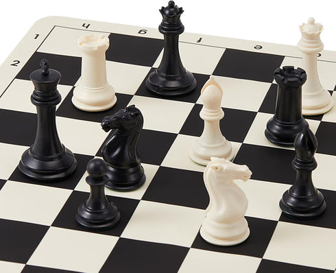 Tournament Portable Chess Set with 20" Silicone Board Mat, 4" King Plastic Weighted Pieces, 2 Extra Queens & Carrying