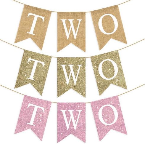 NISEVAN 2nd Pre-Strung Two Banner Gold Glitter High Chair Banner for Kids Birthday Decorations Two Years Old Baby Boy