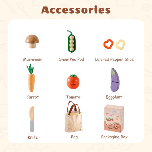 Set, ROBOTIME Wooden Play Food Cutting Vegetable Pretend Play Toy Food for Play Kitchen with Shopping Bag Kids Kitchen