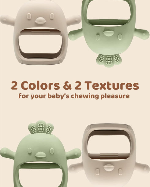 2 Packs Baby Teething Toy: Food Grade Silicone Teething Mitten for 0-6 & 6-12 Months, BPA Free (Green & Caramel)
