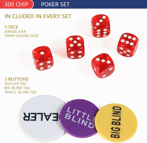 Poker Chips Set with Aluminum Case for Texas Holdem, Blackjack, 2 Decks of Cards, Dealer, Buttons, 5 Dice, 11.5 Gram