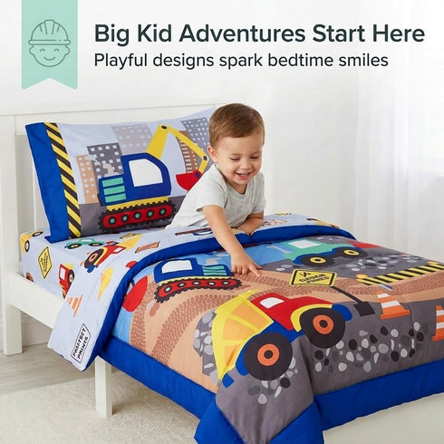 4 Set EVERYDAY KIDS Piece Toddler Bedding - Under Construction - Includes Comforter, Flat Sheet, Fitted Sheet